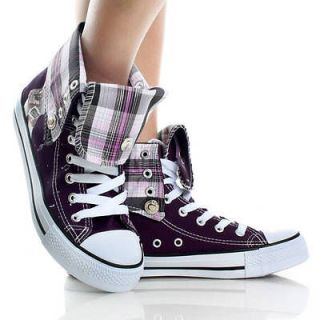 Purple Canvas Plaid Lace Up High Top Punk Sneakers Womens Flat Shoes 