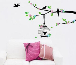 Tree Green Pink Bird Cage Removable Wall Decals Vinyl Decor Sticker 