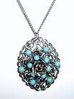 Vintage Turquoise Carved Flower Pendant Sterling Chain