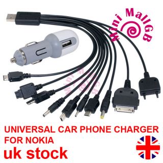 10 IN 1 UNIVERSAL USB MULTI CAR PHONE CHARGER CABLE ADAPTER FOR NOKIA 