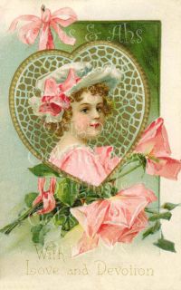 Vtg Valentine Card Fabric Quilt Block pink roses Cherub