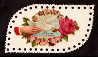   on die cut hand,dove & rose valentine victorian greeting calling card