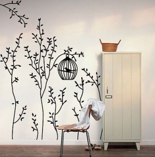 Bird Cage&Trees Removable Wall Decals Vinyl Black Gray Home Decor 