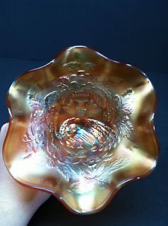 NORTHWOOD VINTAGE CARNIVAL glass PEACOCK AND URN compote marigold 