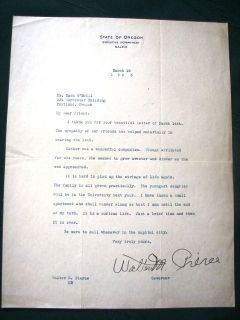 Oregon Governor Walter Pierce 1925 personal letter re wifes death