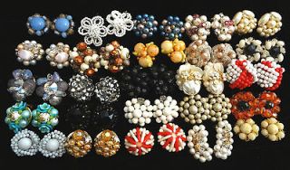 25 Pair LOT Vintage CLUSTER Bead Beaded Clip or Screw Earrings