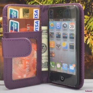 Purple PU Leather Wallet Flip Pouch Hard Case Cover For Ipod Touch 4th 