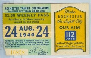   1940 TRANSIT TICKET/PASS Rochester New York THE SAFEST CITY AD #16858
