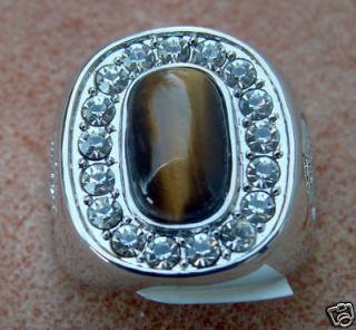 TIGER EYE Russian w/CZ mens ring 18k white gold overlay size 10