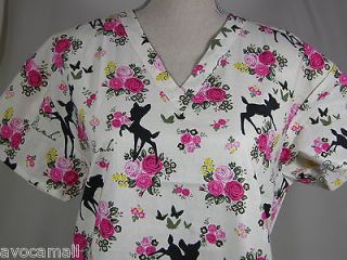 NEW Scrubs Top Bambi in Silhouette Flowers White Pink X LARGE Medical 
