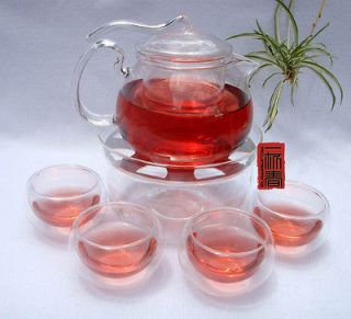450ml Tea/Coffee pot+4 Glass Cups+Warmer + Candle, B134D