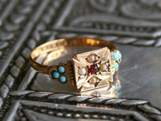 VICTORIAN 22CT GOLD RUBY PEARL TURQUOISE MOURNING RING THE VINTAGE 