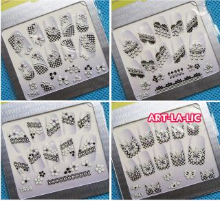 10 Sheets Black & White Gems 3D Decal Stickers Nail Art Manicure Tips 