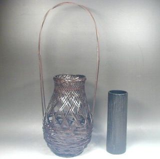   Woven Bamboo Long Handle Tall Stem Wood Flower Basket Vase Japanese