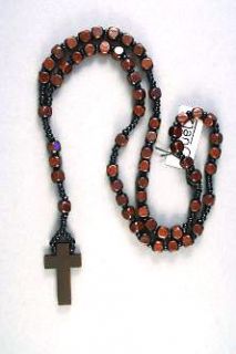 New Unisex Brown Wooden Rosary Bead Necklace with Cross/Crucifix