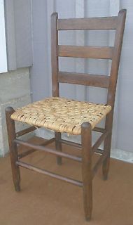   Early Primitive Antique Wooden Ladder Back Split Woven Bottom Chair