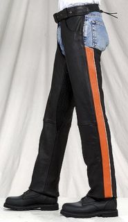 NEW Premium Black Leather Mens Chaps Harley Orange Racing Stripe