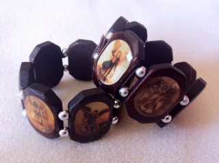 BRAND NEW Set of 2 Large Wooden Religious Bracelets with Images of 