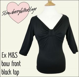 Ex M&S Black Stretch Fit Ruched Bow Front Top with Three Quarter 
