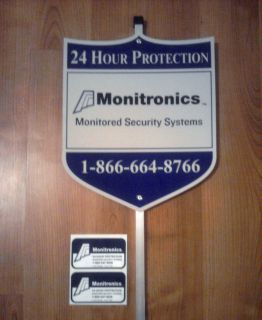 AUTHENTIC MONITRONICS SECURITY ALARM SYSTEM YARD SIGN & 2 WINDOW 