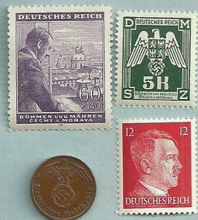 Rare German WW II .Original . Nazi Stamps & Coin Lot