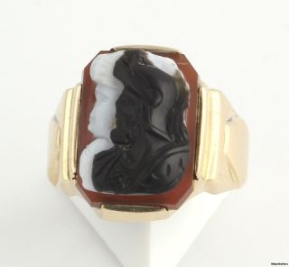 Vintage Carved Agate Cameo Carnelian Ring   10k Yellow Gold Black 
