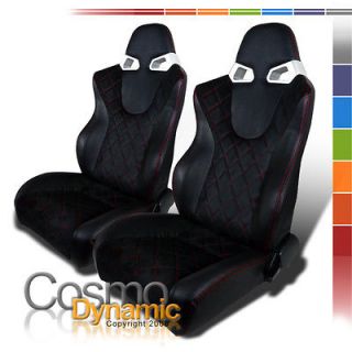 JDM LEATHER/ SUEDE RED STITCH GT RACING SEATS W/SLIDER BLACK PAIR 
