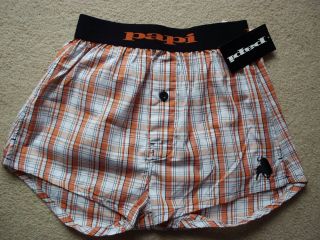 Papi Mens Underwear Boxer Orange White Black Plaid Cotton NWT