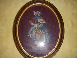 ANTIQUE NEEDLEPOINT TAPESTRY PICTURE of LADY WITH BASKET WOOD PHOTO 