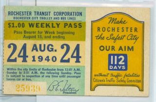  1940 TRANSIT TICKET/PASS Rochester New York THE SAFEST CITY AD #25939