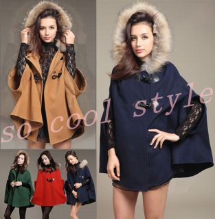 Womens winter Duffel Toggle Faux Fur collars poncho cape Wool Blend 