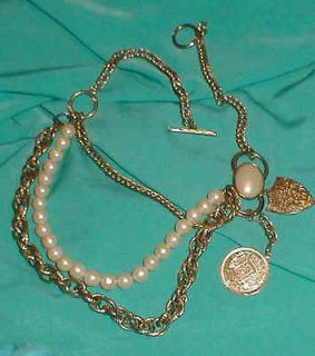 Antique Vintage Necklace Pearls charms Chains Coins Shields France