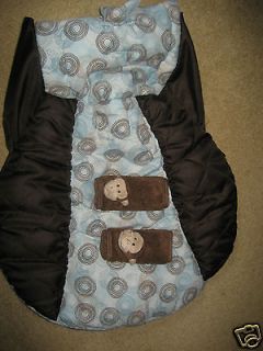 Infant car seat cover in brown & Aqua Circle pattern with 2 Monkey 