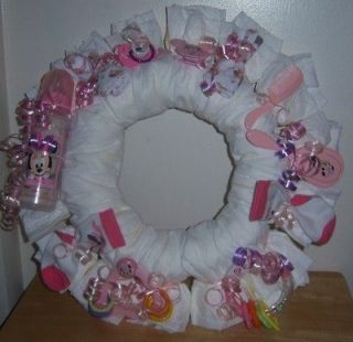 Baby Shower Minnie Mouse Diaper Wreath, Swaddler Diapers, Pacifier 
