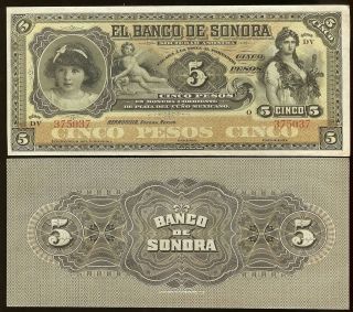 Mexico M 507r1BK SON​ 5 Banco de Sonora 5 Pesos DV,(ND) AU UNC