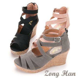 BN Womens Open Toe Zipper Back High Wedge Platform Strap Sandal Shoes