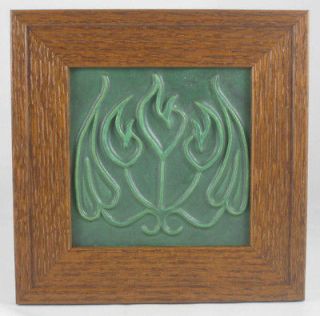 Door Pottery Green 6x6 Experimental Art Nouveau Tile with Quarter Sawn 
