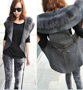 J36 Korean Women Faux Fur Collar Woolen Blend Vest Jacket Coat ~Grey 