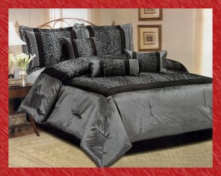  Pcs Flocking Leopard Satin Comforter Set Bed In a Bag King Gray/Black