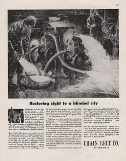 1944 VINTAGE CHAIN BELT CO RESTORING SIGHT TO A BLINDED CITY PRINT AD