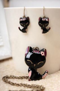 Hot !!!Betsey Johnson Black cat Retro Style necklace &earrings Z05