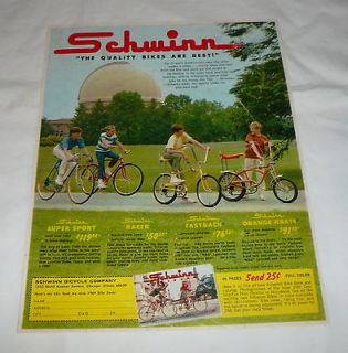 1969 SCHWINN bicycles ad ~ FASTBACK, ORANGE KRATE, RACER, SUPER SPORT