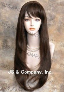 Human Hair Blend Long Straight Face Frame Brown HEAT SAFE Wig with 