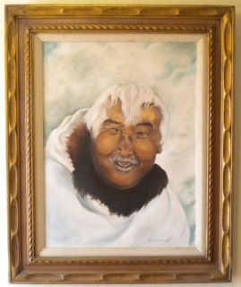 Beautiful Eskimo Inuit Portrait of Old Man Signed Oil Painting Alaska 