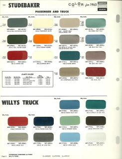 1963 STUDEBAKER / WILLYs TRUCK Color Chip Paint Sample Brochure/Chart