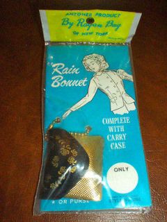 Vintage Rain Bonnet Keychain Black Gold Vinyl Tiny Clutch Purse 