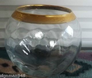   Tiffin Gold Design Rim Clear Glass Bowl Fish Bowl Shaped Rippled Glass