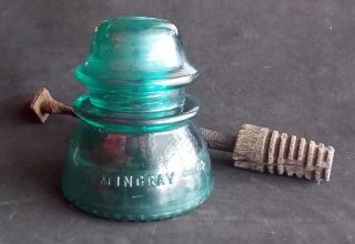 Brookfield No. 36 Green Glass Insulator with Mounting Bolt   Made In U 