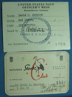   US Navy Officers Mess Pass Bremerhaven Stork Club Bremen Germany WW2
