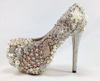 Beautiful Hand Made Womens Diamond And Pearl Wedding Shoes